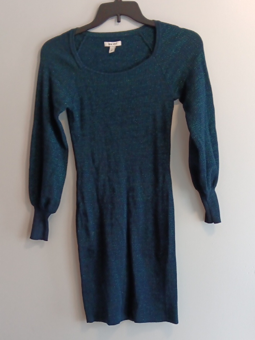 Nine West Navy And Metallic Teal Ribbed Long-Sleeve Scoop Neck Sweater Dress